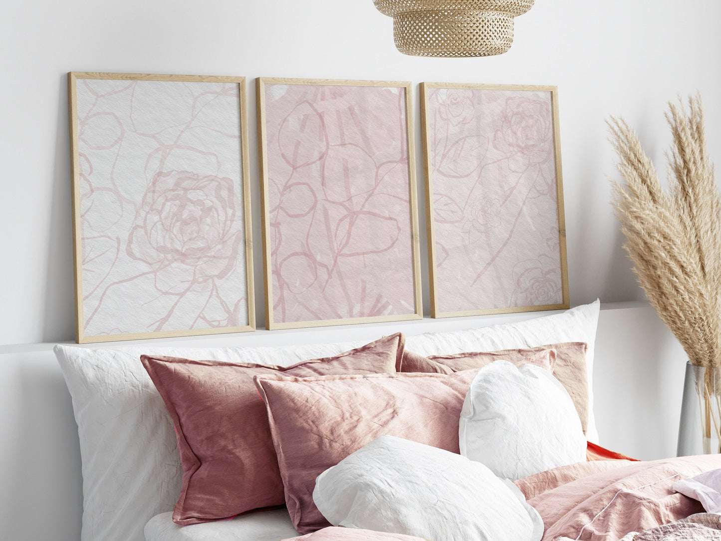 Set of 3 Pink Floral Wall Art Prints