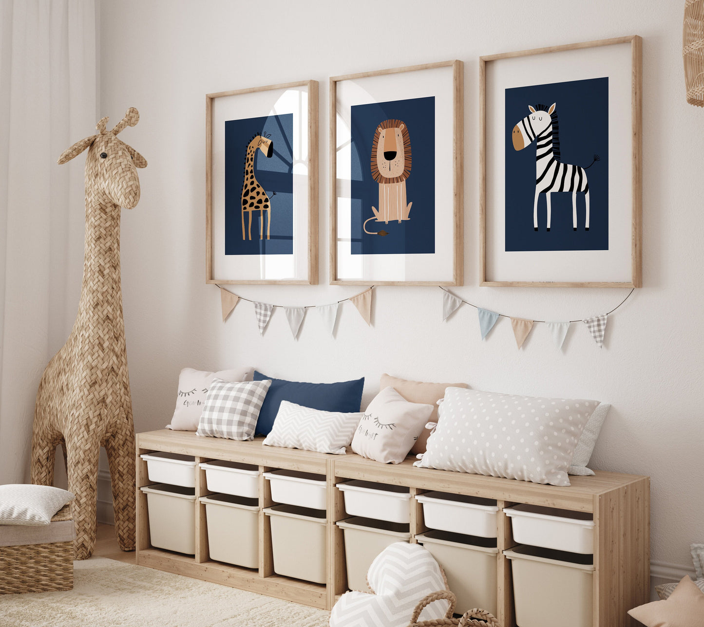 Set of 3 Navy Blue Safari Animal Nursery Wall Art Prints