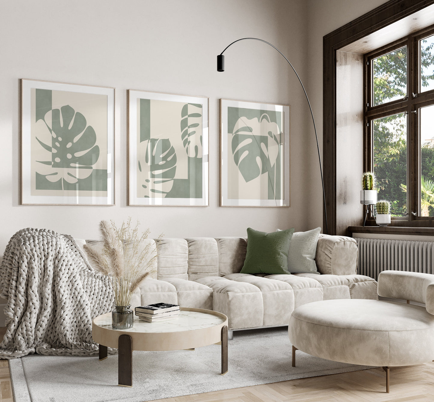 Set of 3 Sage Green Monstera Abstract Wall Prints