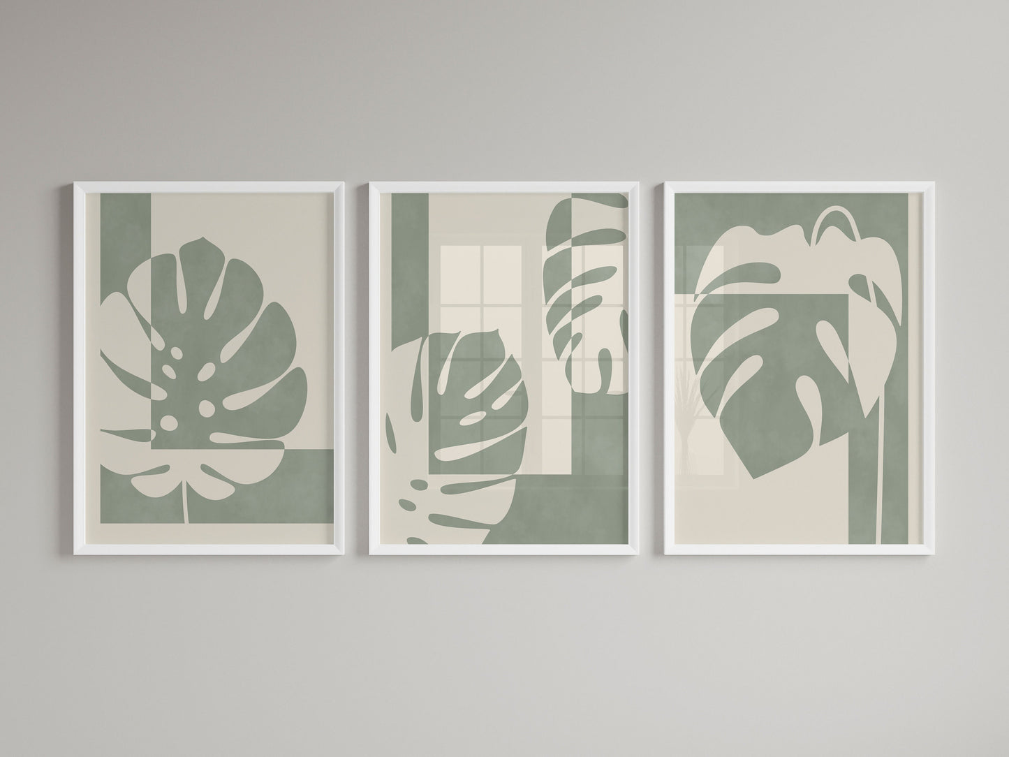 Set of 3 Sage Green Monstera Abstract Wall Prints