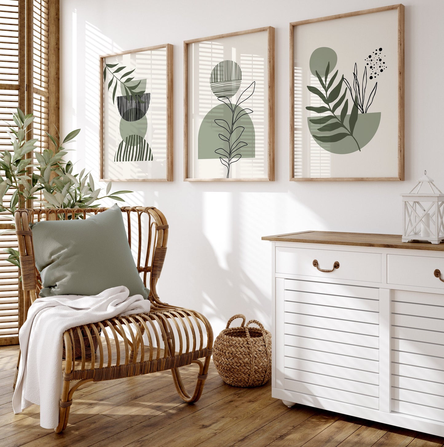 Set of 3 Green & Cream Boho Wall Art Prints