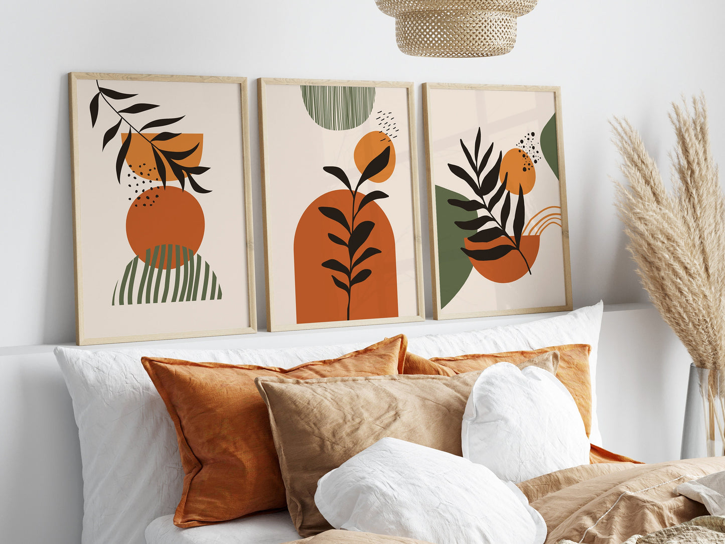 Set of 3 Orange & Green Boho Wall Art Prints
