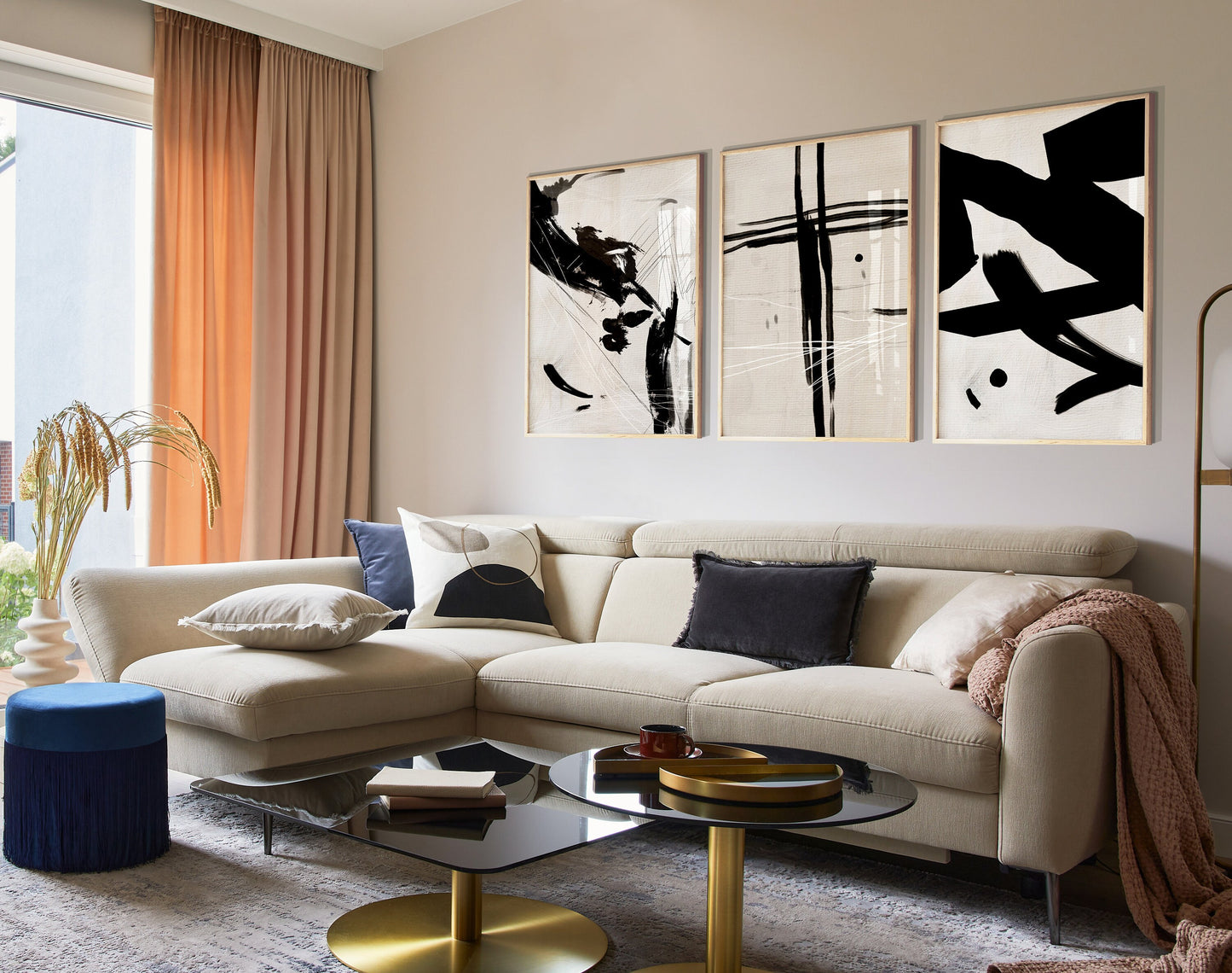 Set of 3 Beige & Black Abstract Wall Art Prints