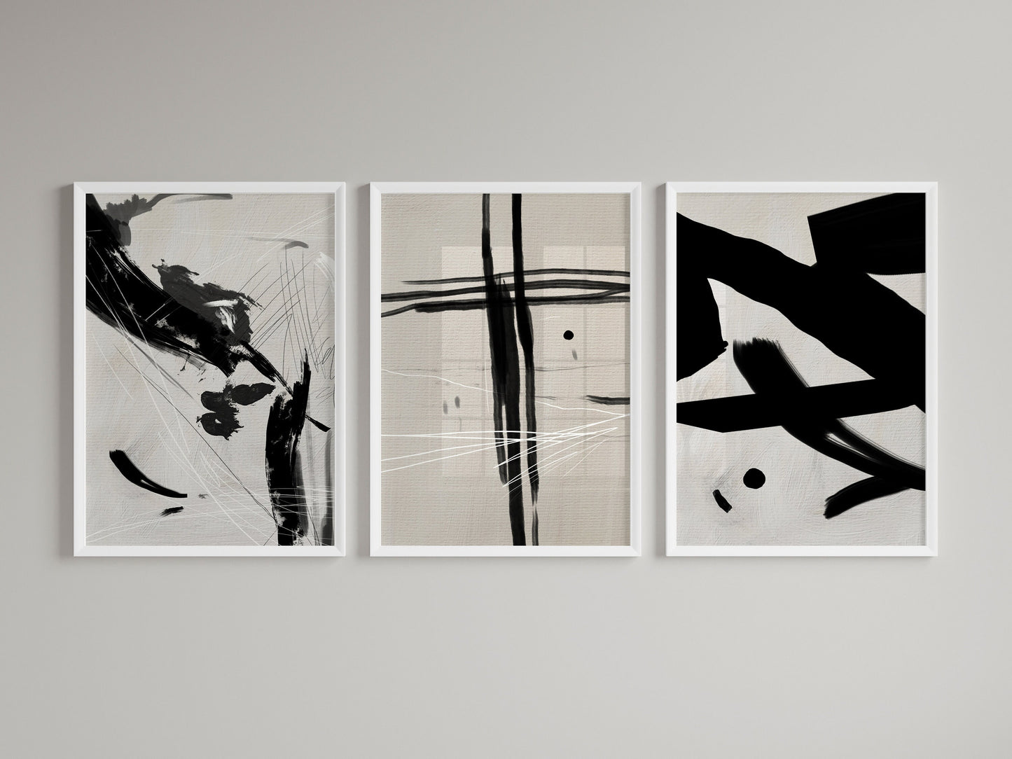 Set of 3 Beige & Black Abstract Wall Art Prints