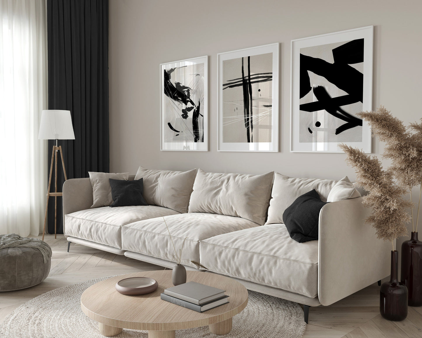 Set of 3 Beige & Black Abstract Wall Art Prints