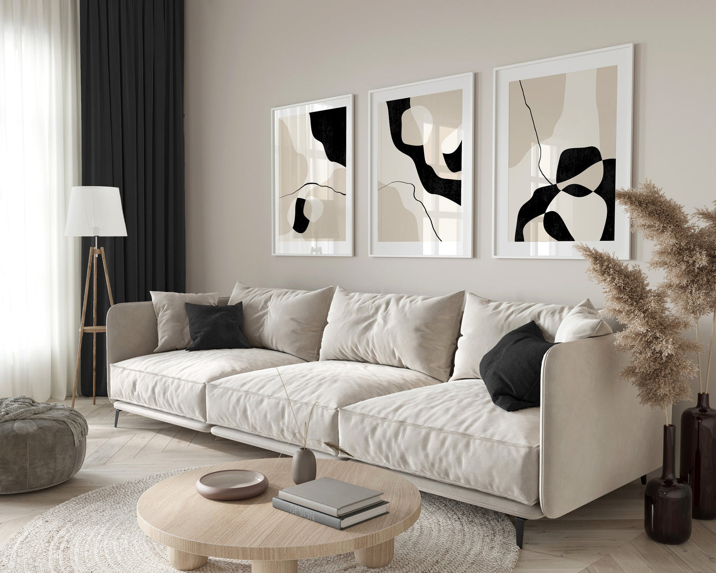 Set of 3 Black & Beige Abstract Wall Art Prints