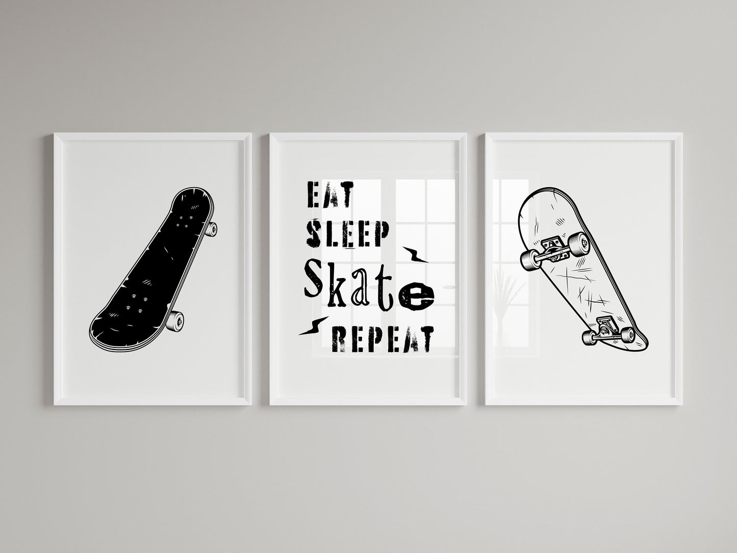 Set of 3 Black and White Skateboard Wall Art Prints