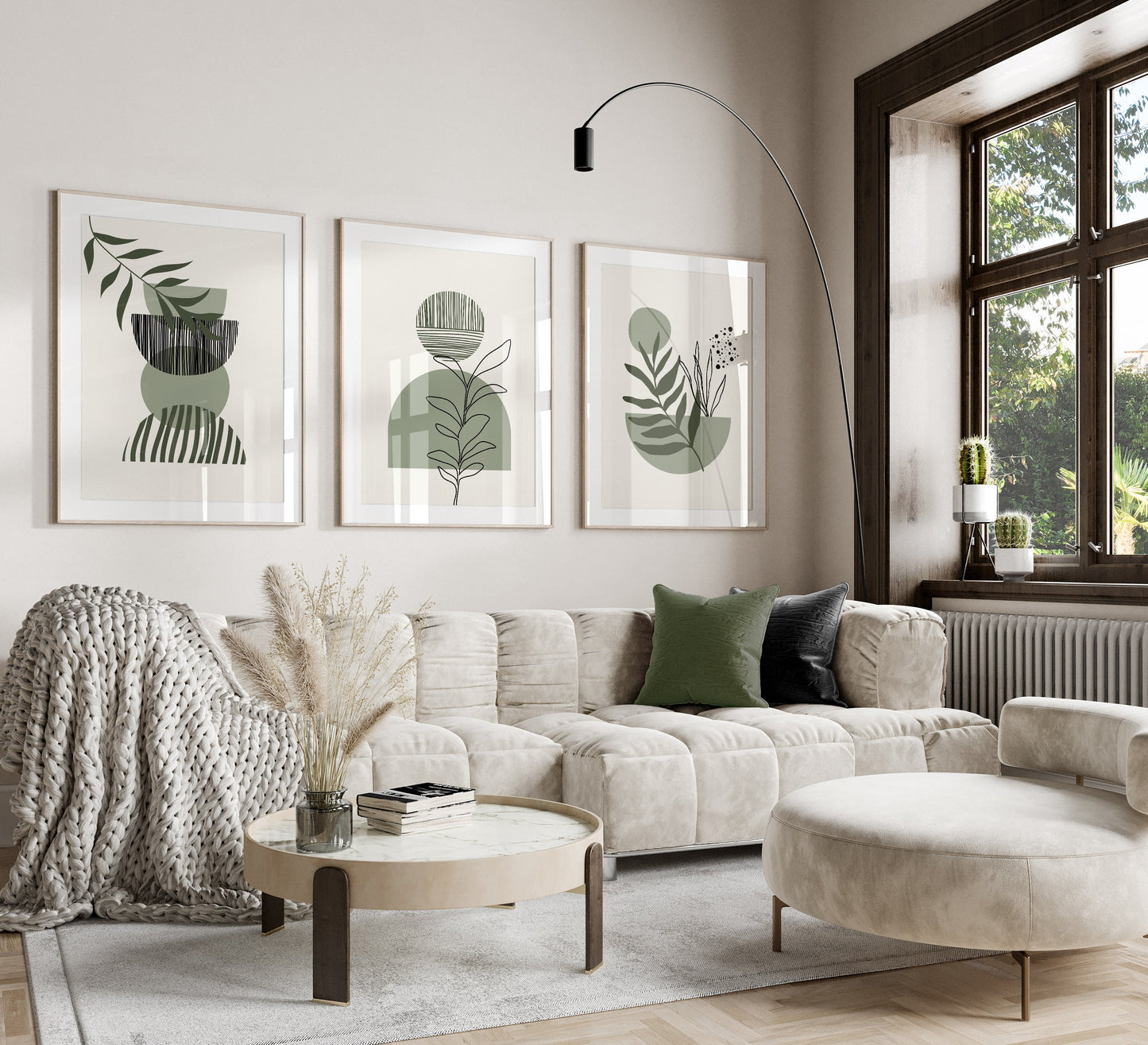 Set of 3 Green & Cream Boho Wall Art Prints