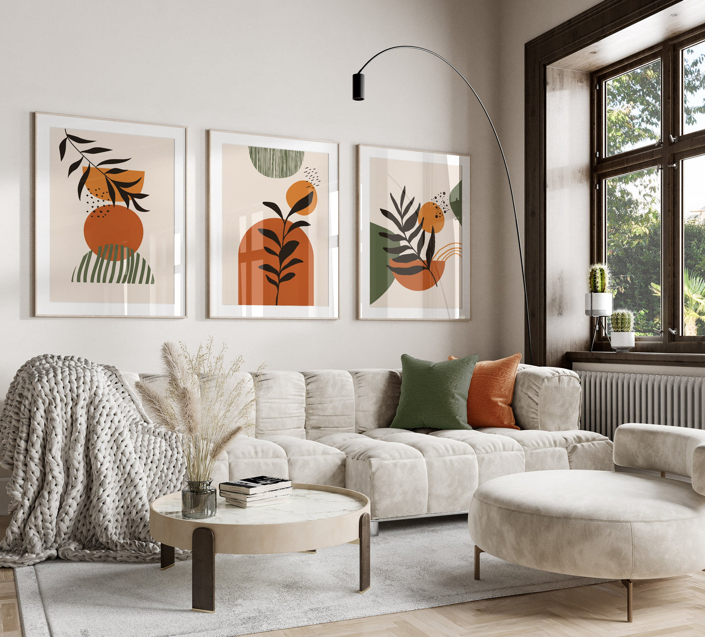 Set of 3 Orange & Green Boho Wall Art Prints