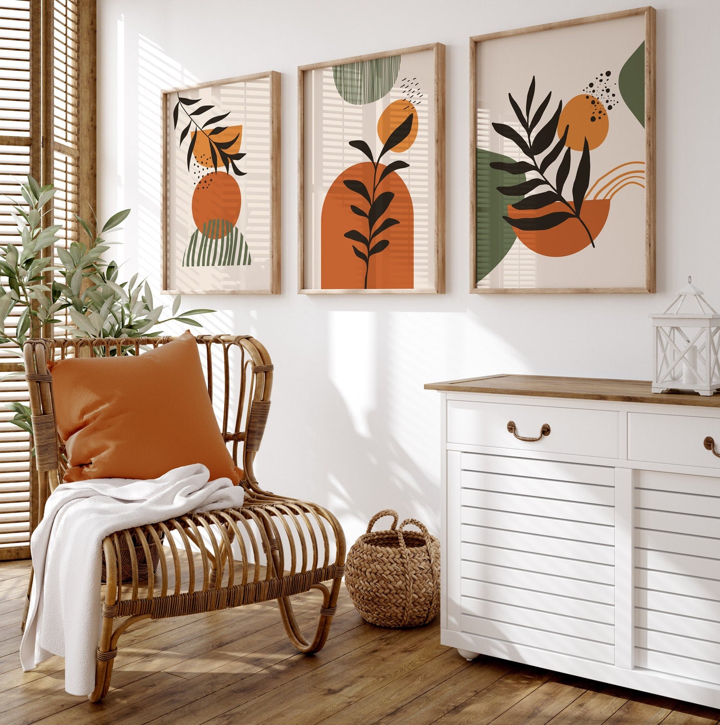 Set of 3 Orange & Green Boho Wall Art Prints