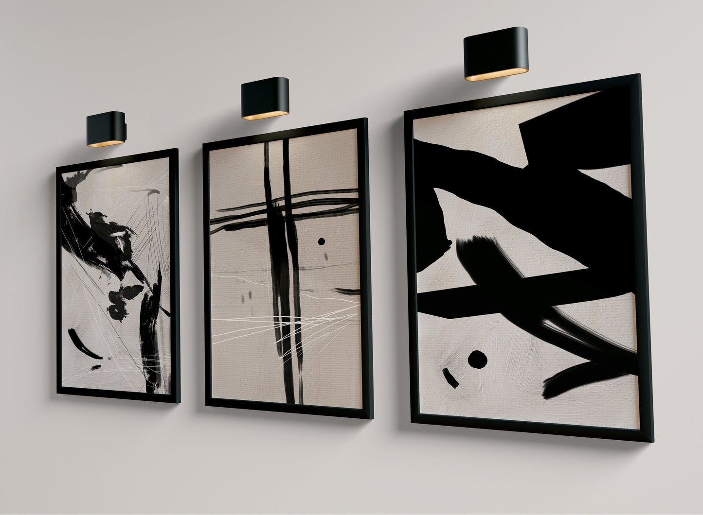 Set of 3 Beige & Black Abstract Wall Art Prints