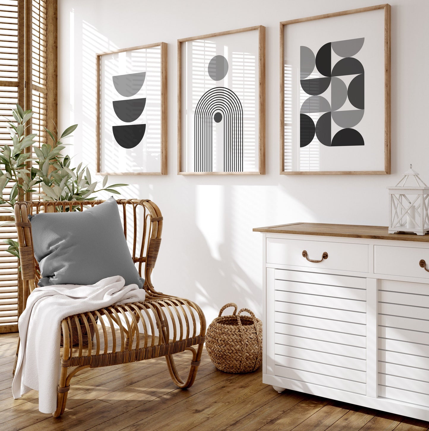 Set of 3 Grey & White Boho Wall Art Prints