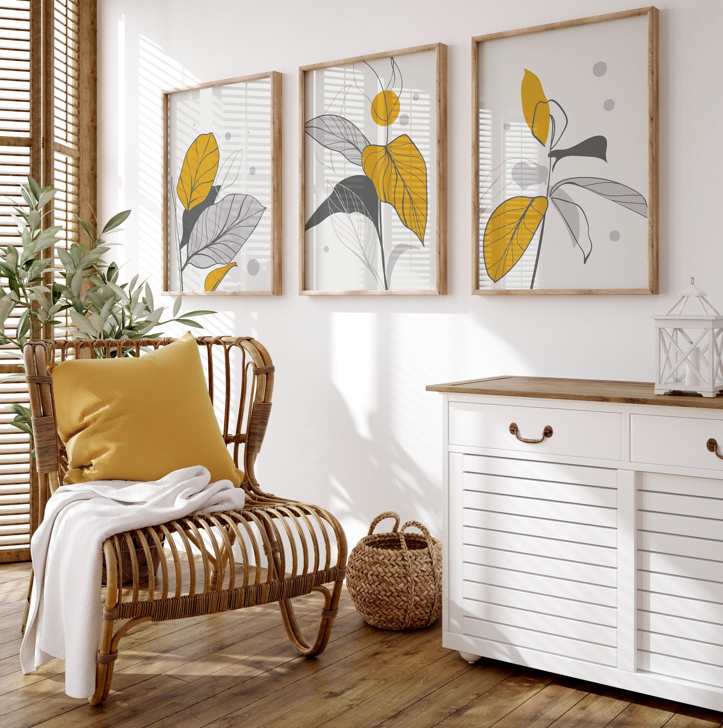 Set of 3 Mustard and Grey Botanical Wall Prints