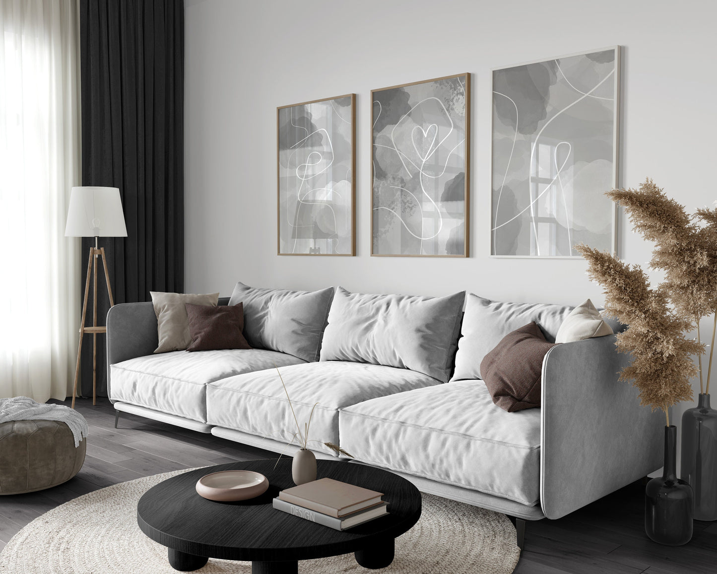 Set of 3 Grey & White Abstract Bedroom Wall Prints