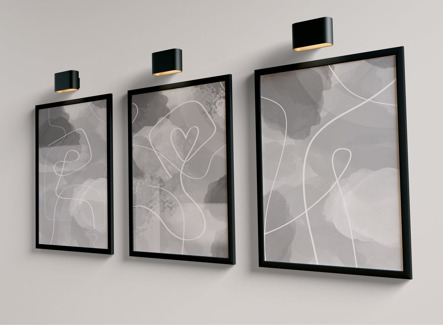 Set of 3 Grey & White Abstract Bedroom Wall Prints