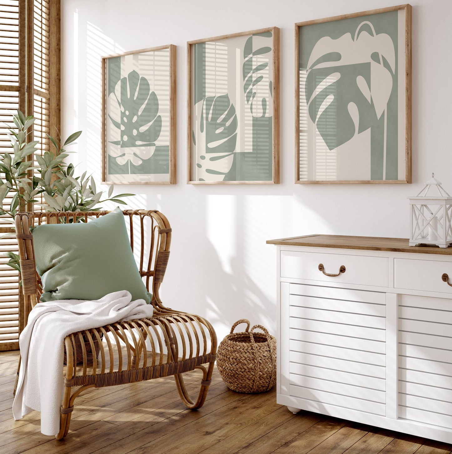 Set of 3 Sage Green Monstera Abstract Wall Prints