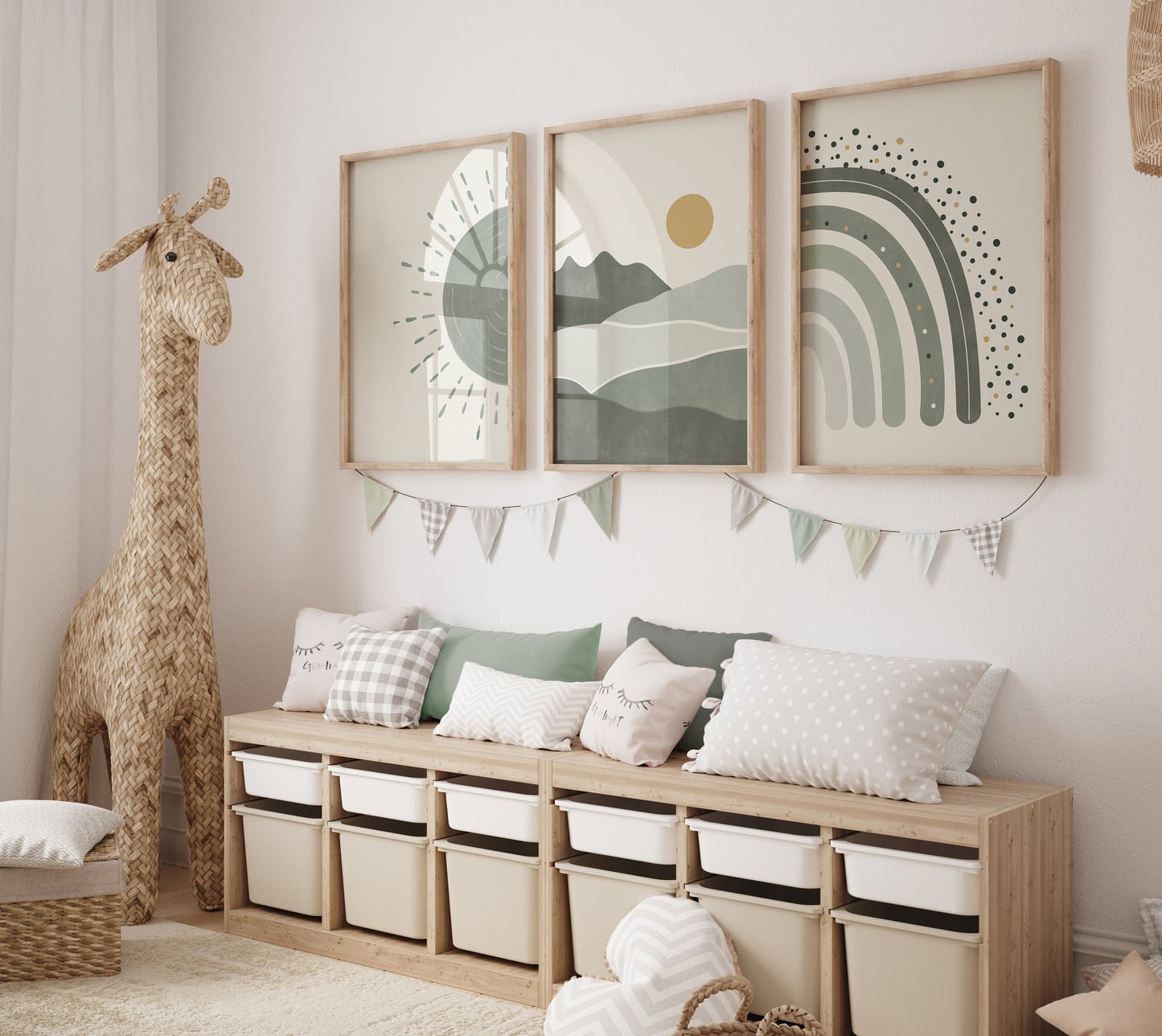 Set of 3 Green Boho Nursery Wall Art Prints