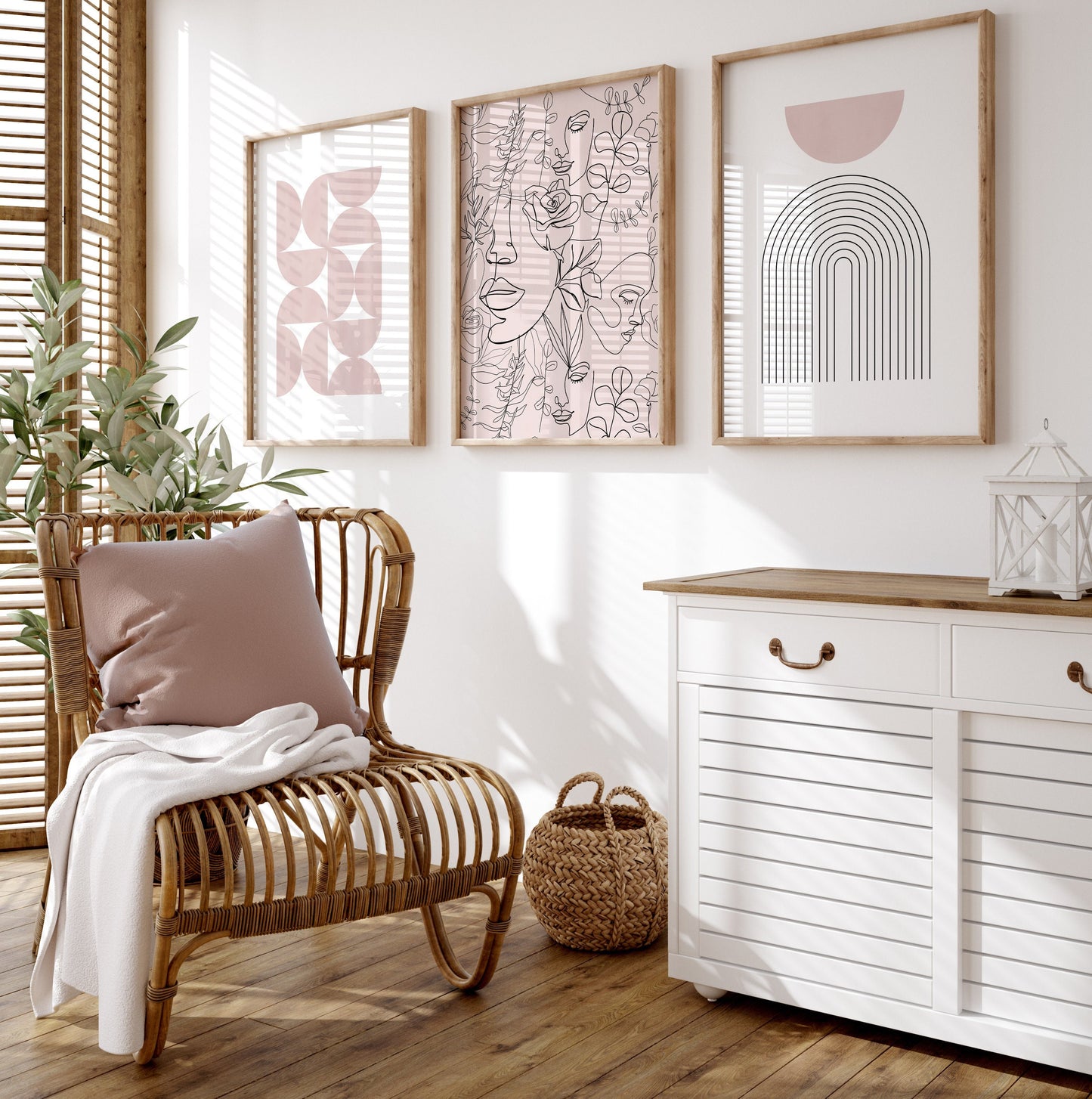 Set of 3 Pink Boho Abstract Wall Art Prints