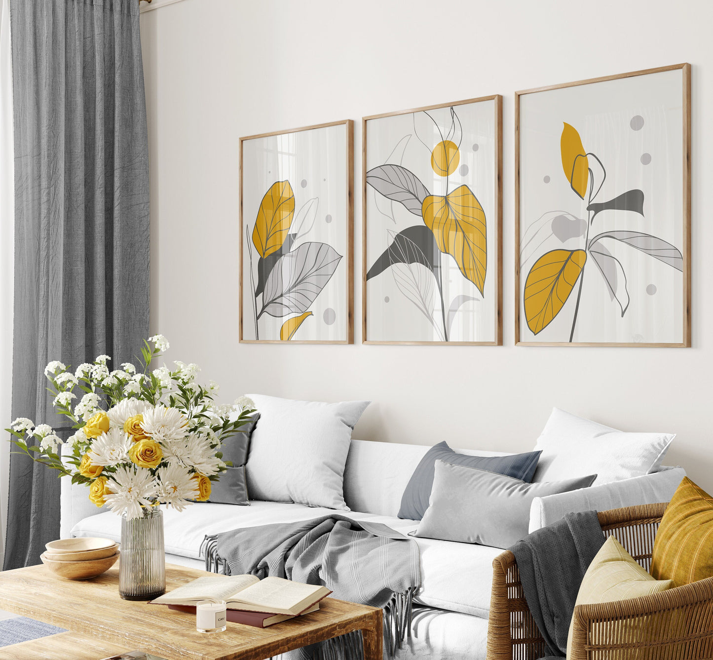 Set of 3 Mustard and Grey Botanical Wall Prints