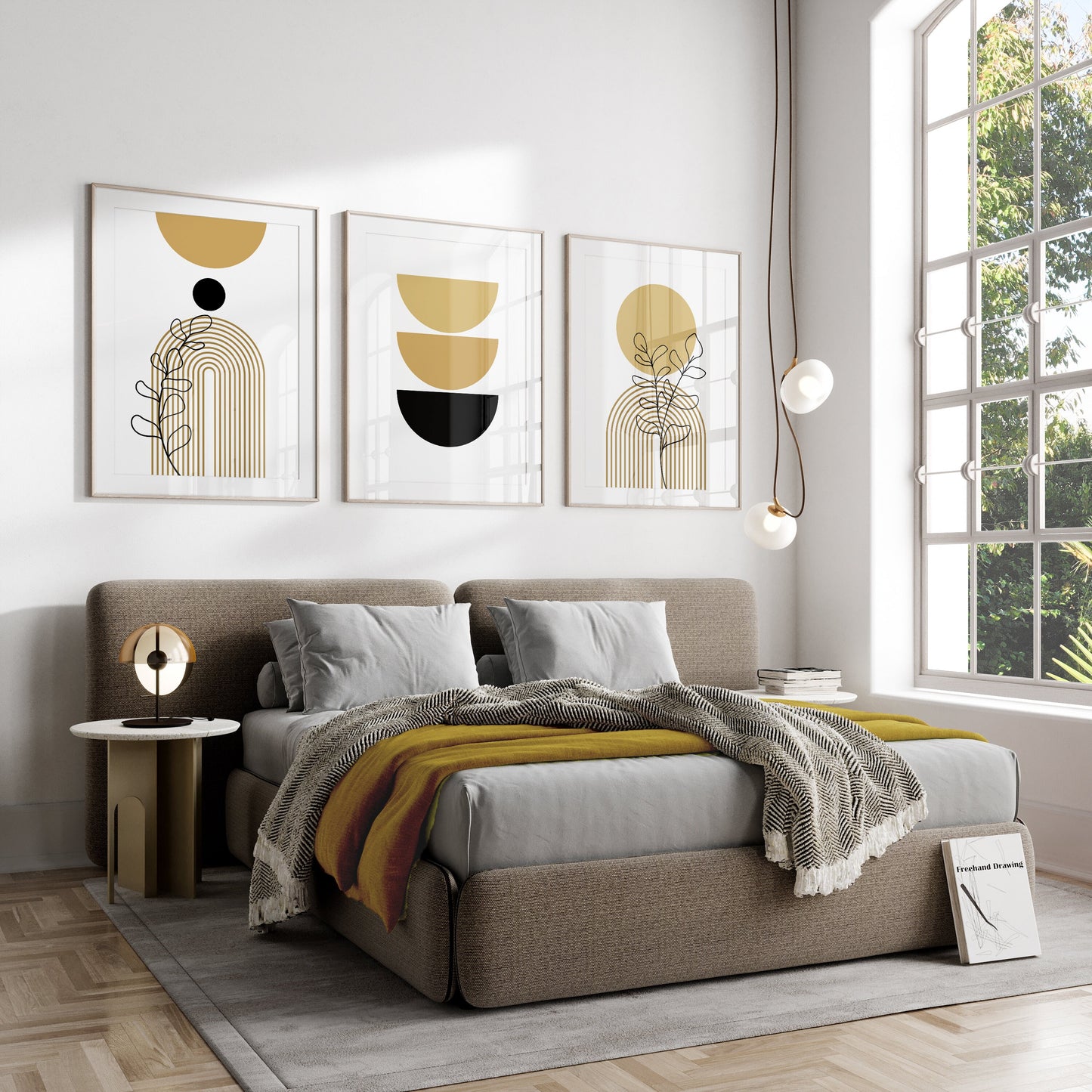 Set of 3 Boho Mustard & Black Wall Prints