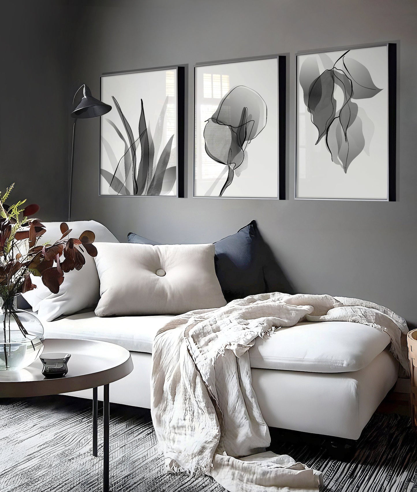 Set of 3 Grey Botanical Wall Prints