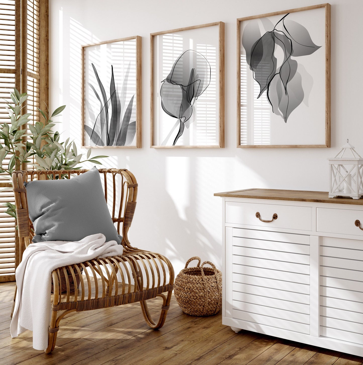Set of 3 Grey Botanical Wall Prints