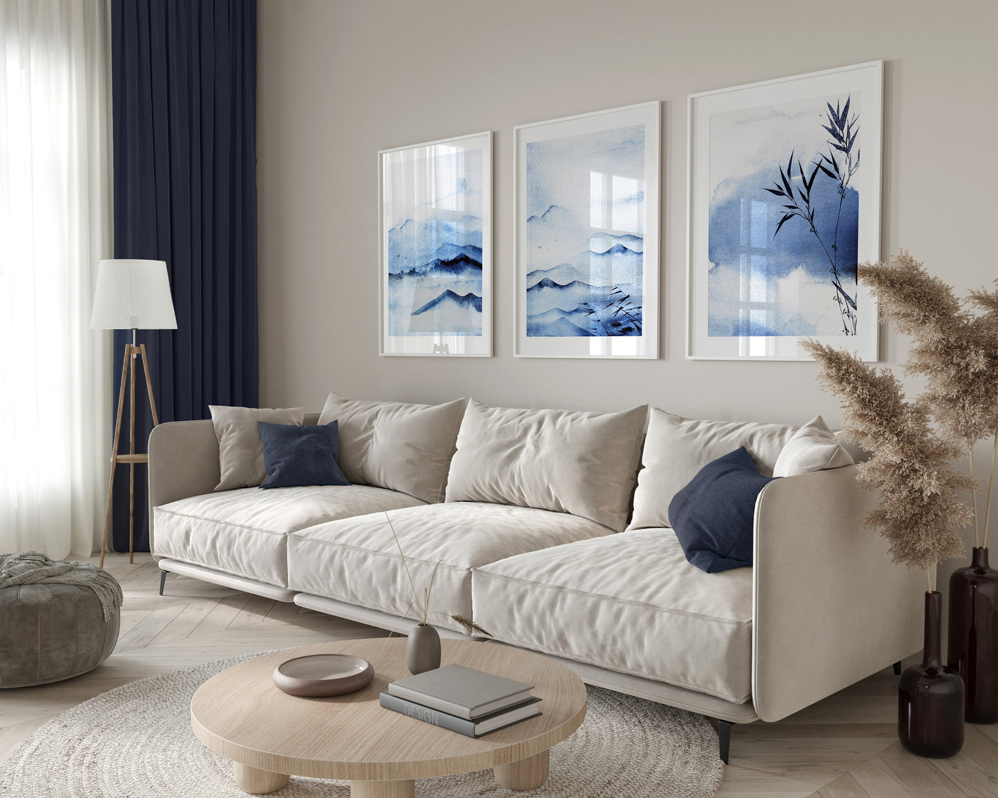 Set of 3 Blue Oriental Watercolour Landscape Wall Art Prints