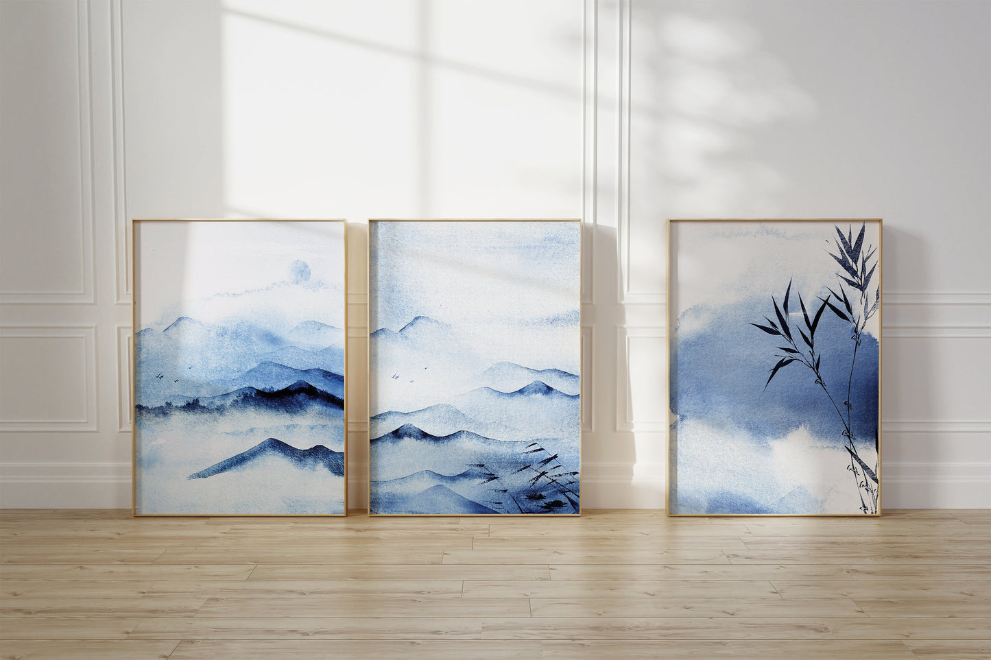 Set of 3 Blue Oriental Watercolour Landscape Wall Art Prints