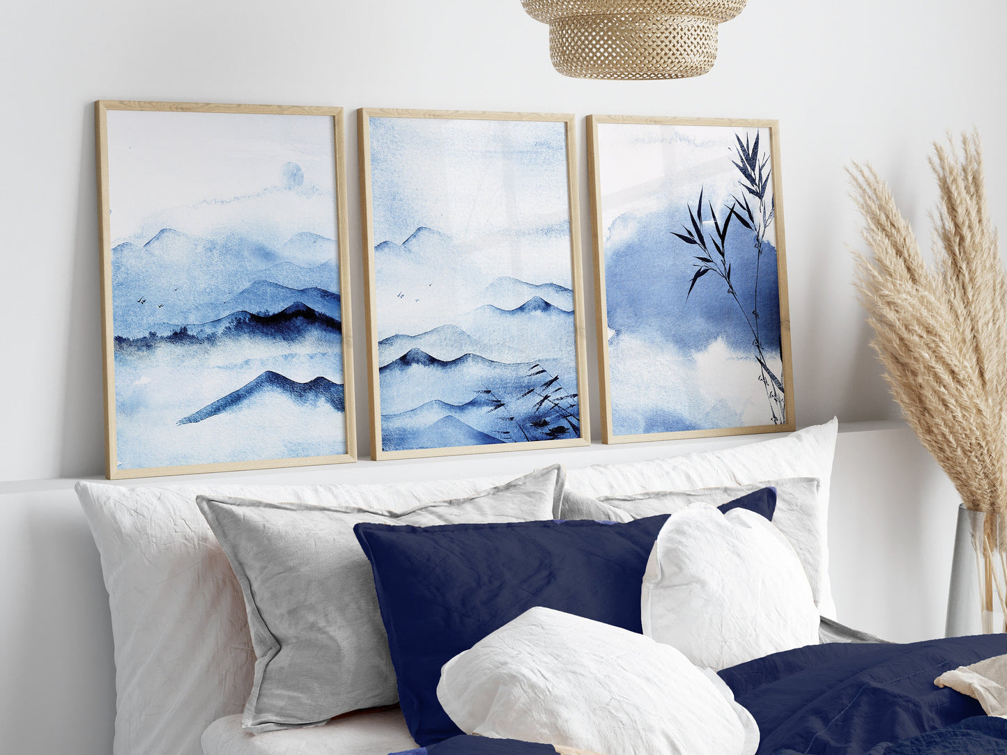 Set of 3 Blue Oriental Watercolour Landscape Wall Art Prints