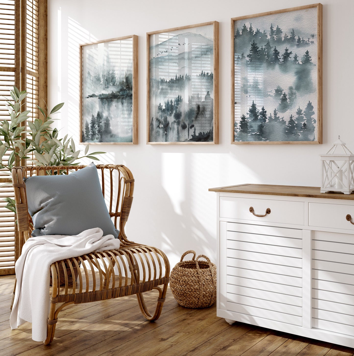 Set of 3 Muted Blue Watercolour Landscape Abstract Wall Prints