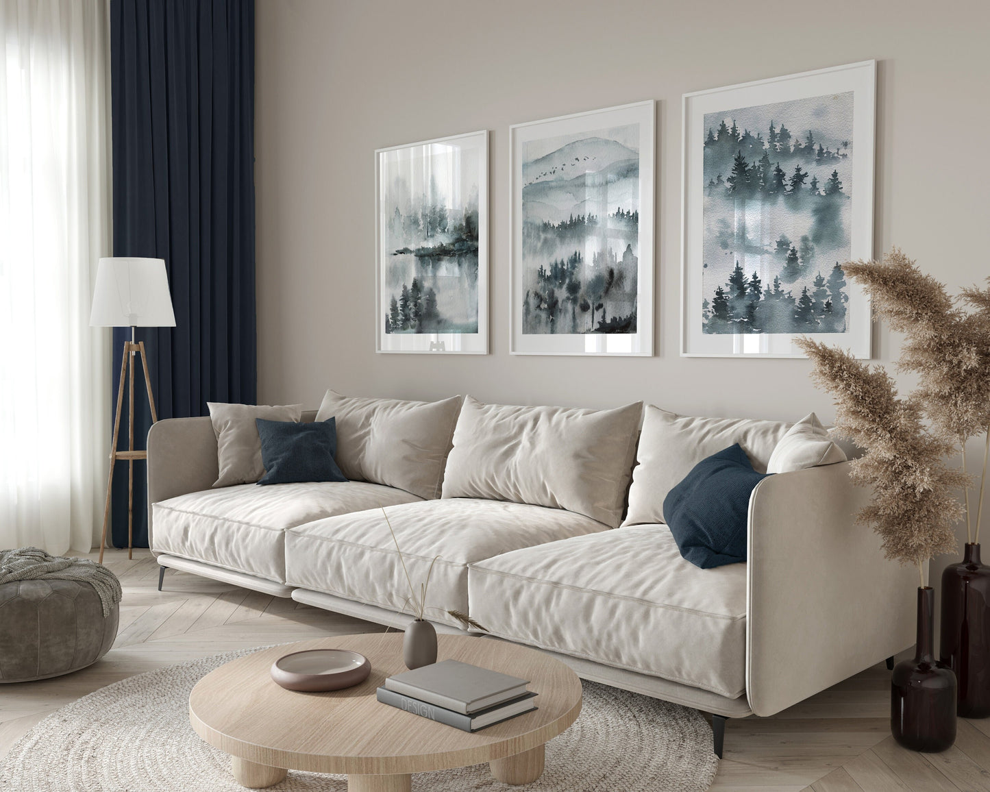 Set of 3 Muted Blue Watercolour Landscape Abstract Wall Prints