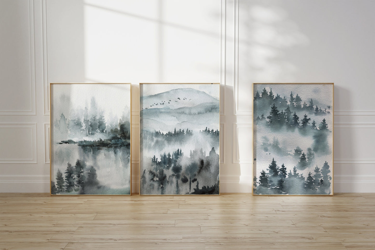 Set of 3 Muted Blue Watercolour Landscape Abstract Wall Prints