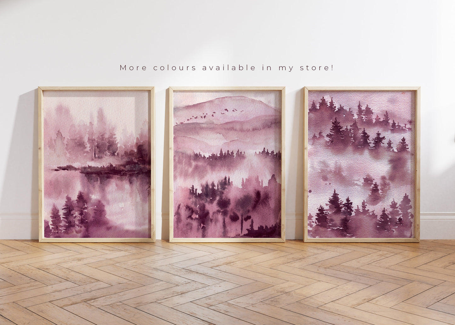Set of 3 Pink Watercolour Landscape Wall Art Prints