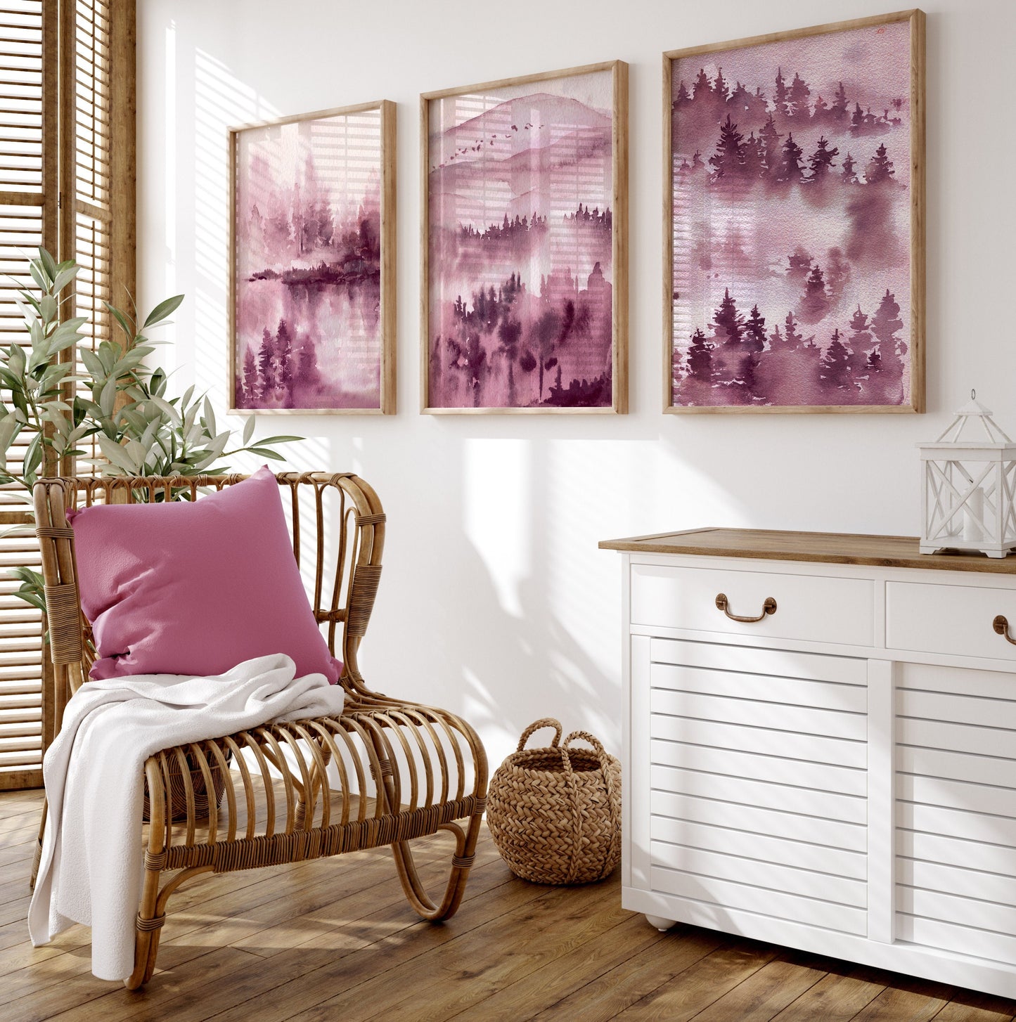 Set of 3 Pink Watercolour Landscape Wall Art Prints