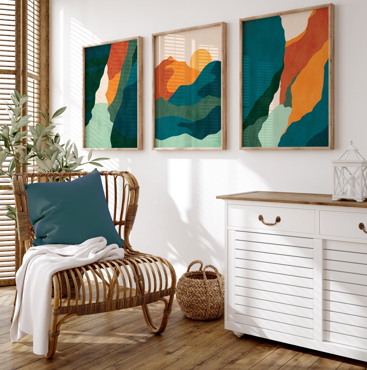 Set of 3 Teal Blue Boho Landscape Wall Prints