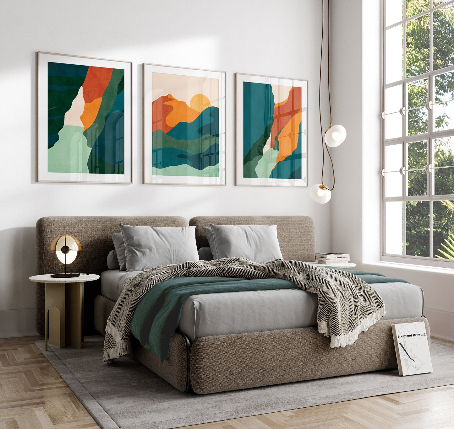 Set of 3 Teal Blue Boho Landscape Wall Prints