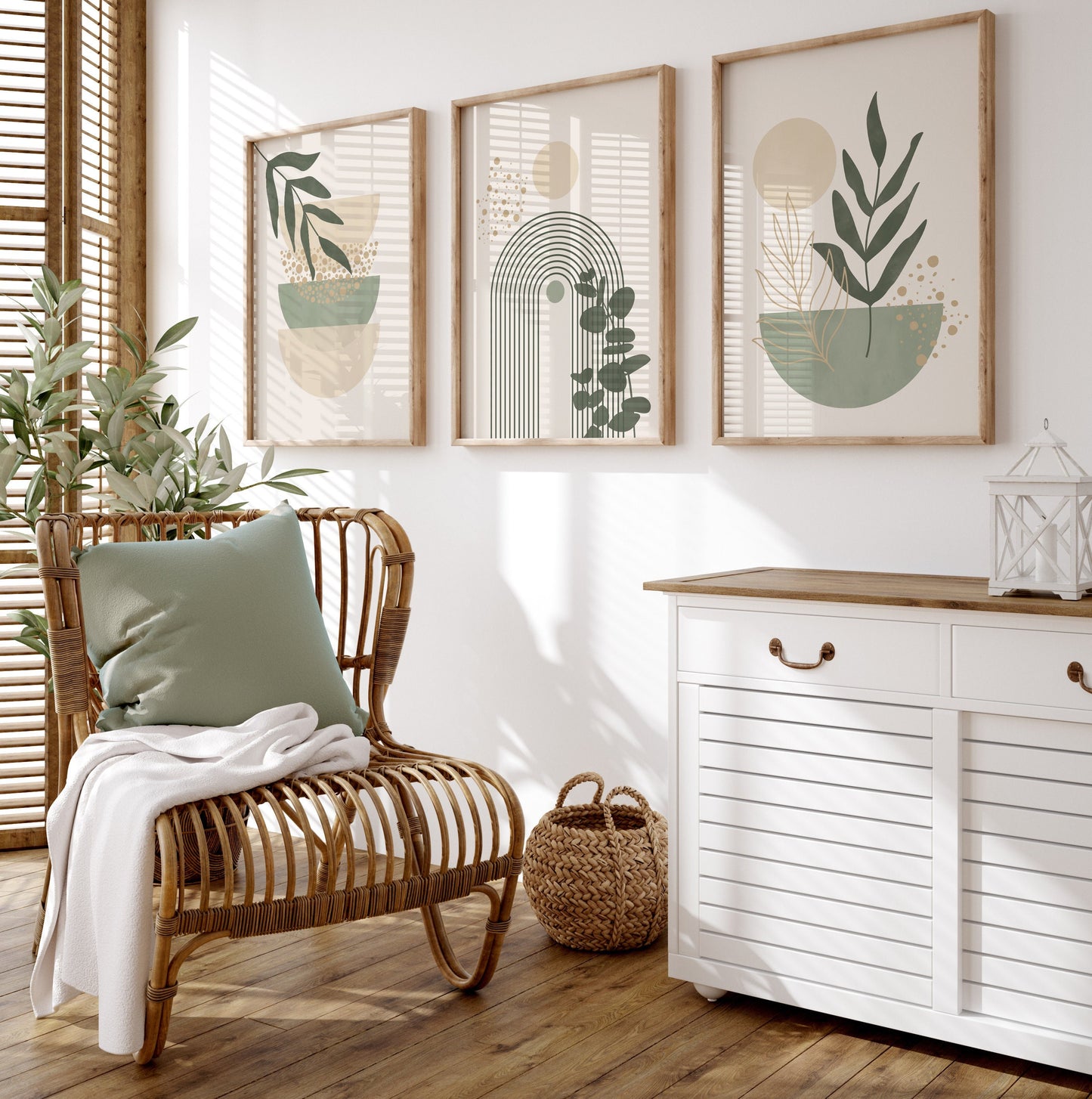 Set of 3 Sage Green & Cream Boho Wall Art Prints