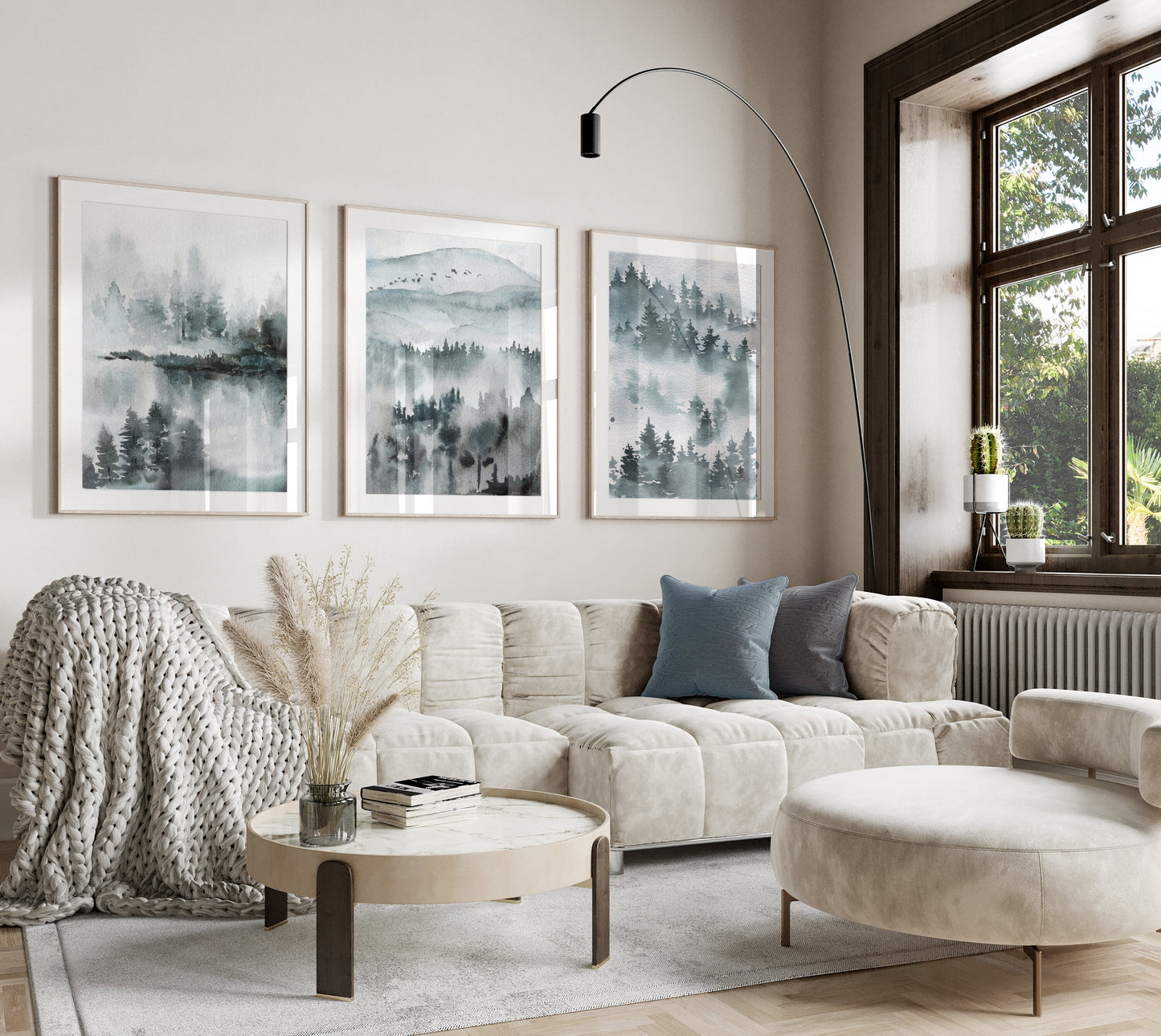Set of 3 Muted Blue Watercolour Landscape Abstract Wall Prints