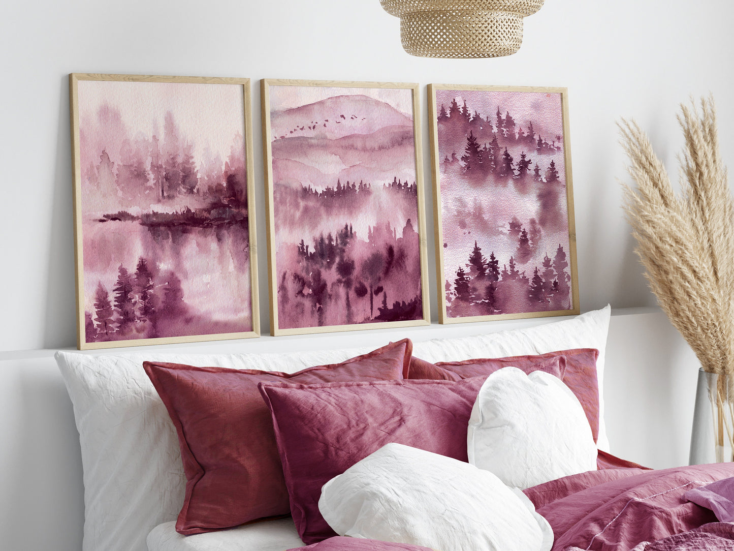 Set of 3 Pink Watercolour Landscape Wall Art Prints