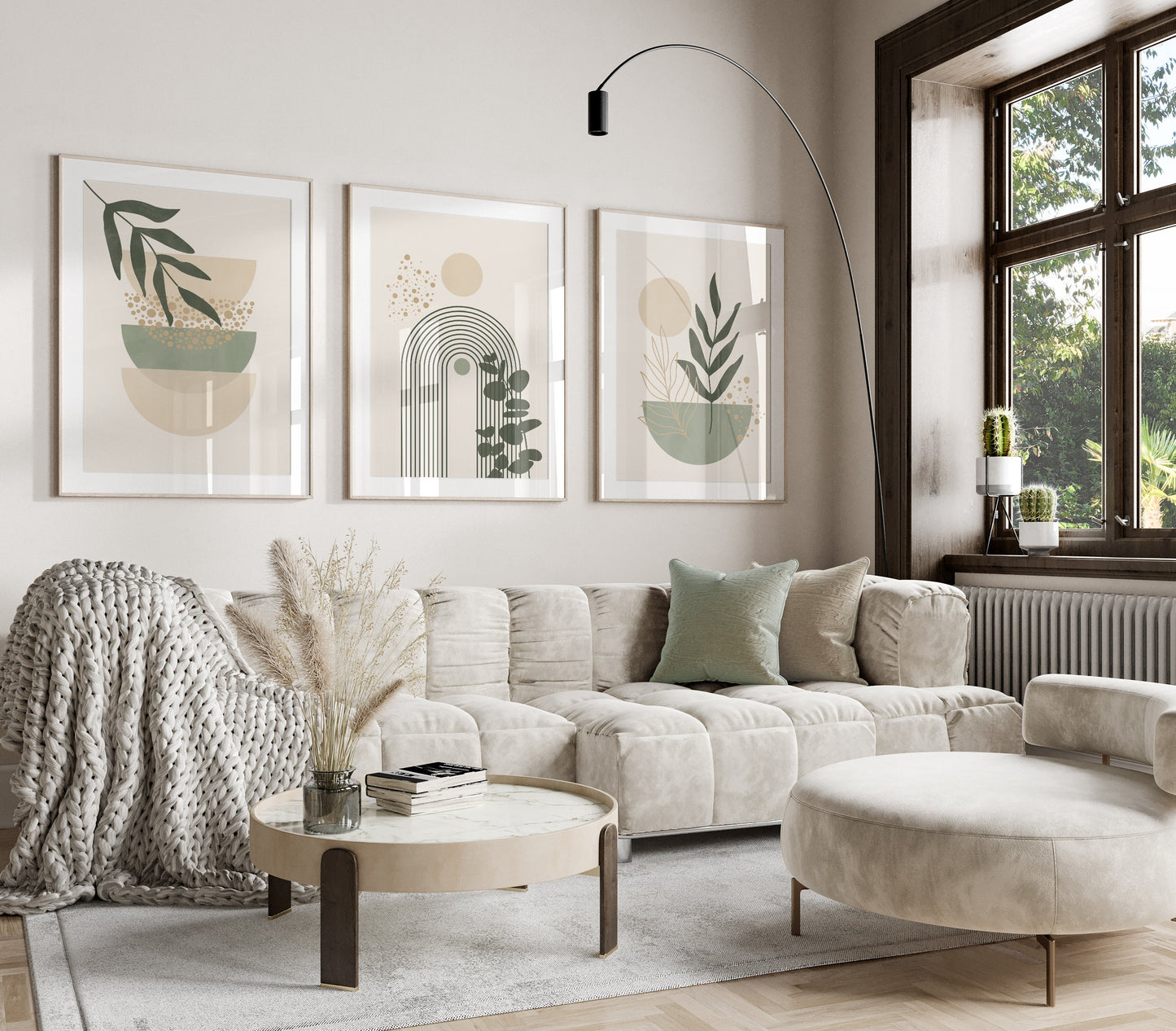 Set of 3 Sage Green & Cream Boho Wall Art Prints