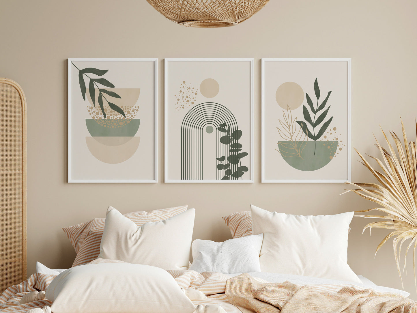 Set of 3 Sage Green & Cream Boho Wall Art Prints