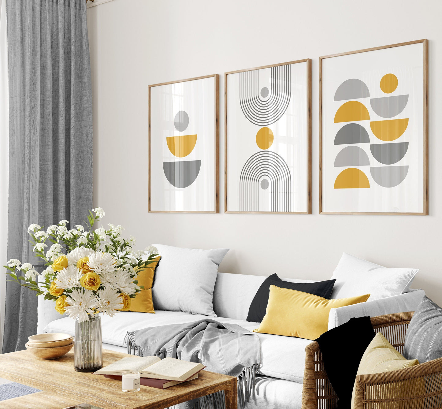 Set of 3 Yellow & Grey Boho Wall Prints
