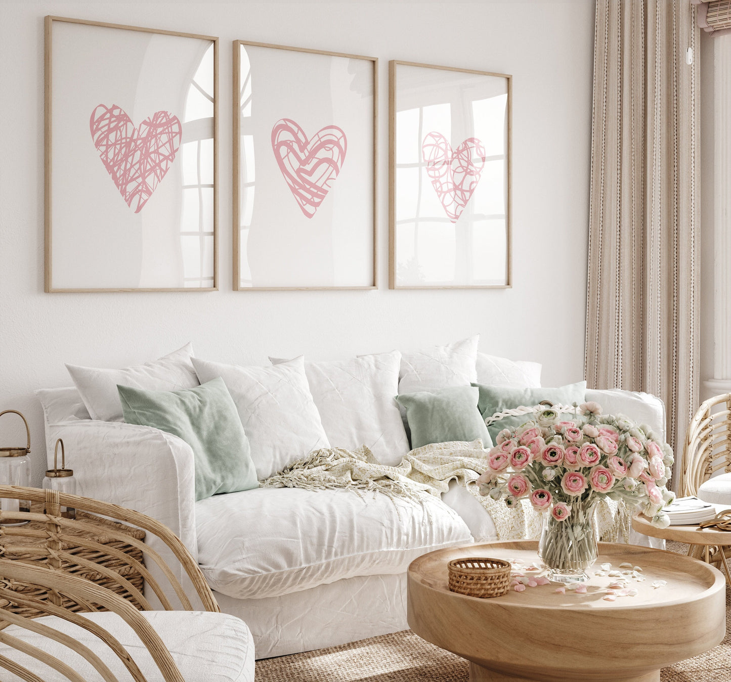 Set of 3 Pink Love Heart Bedroom Wall Prints