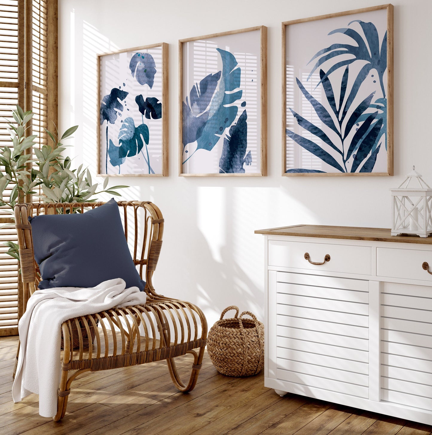Set of 3 Blue Leaf Abstract Wall Prints