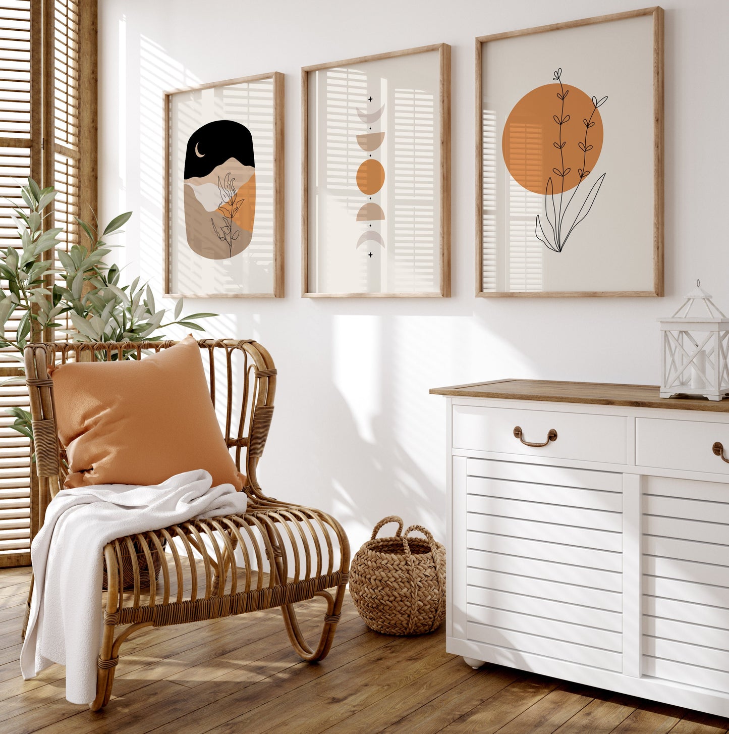 Set of 3 Orange & Black Boho Abstract Wall Prints