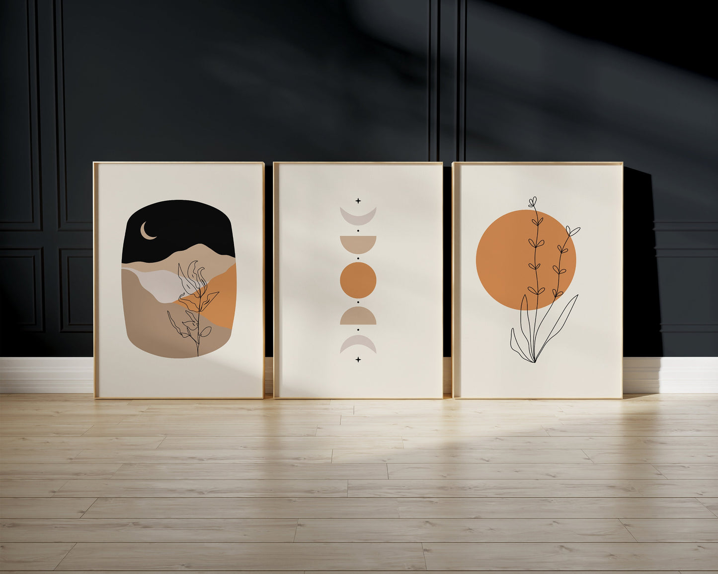 Set of 3 Orange & Black Boho Abstract Wall Prints