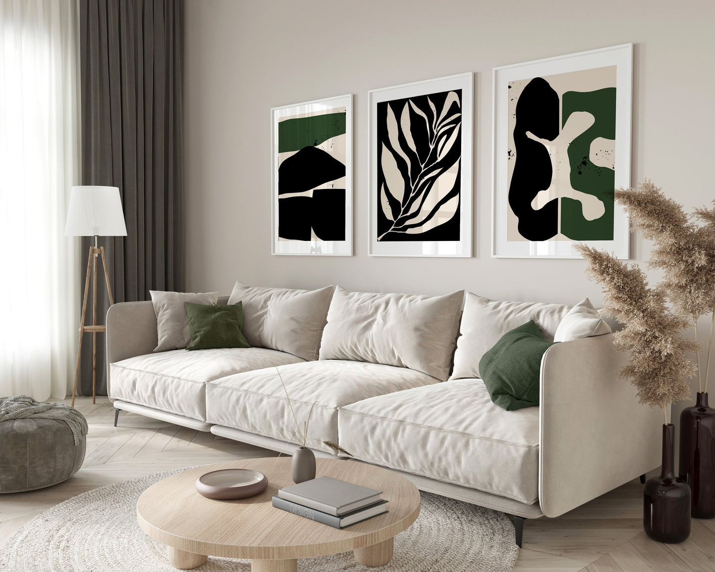 Set of 3 Dark Green & Black Abstract Art Prints
