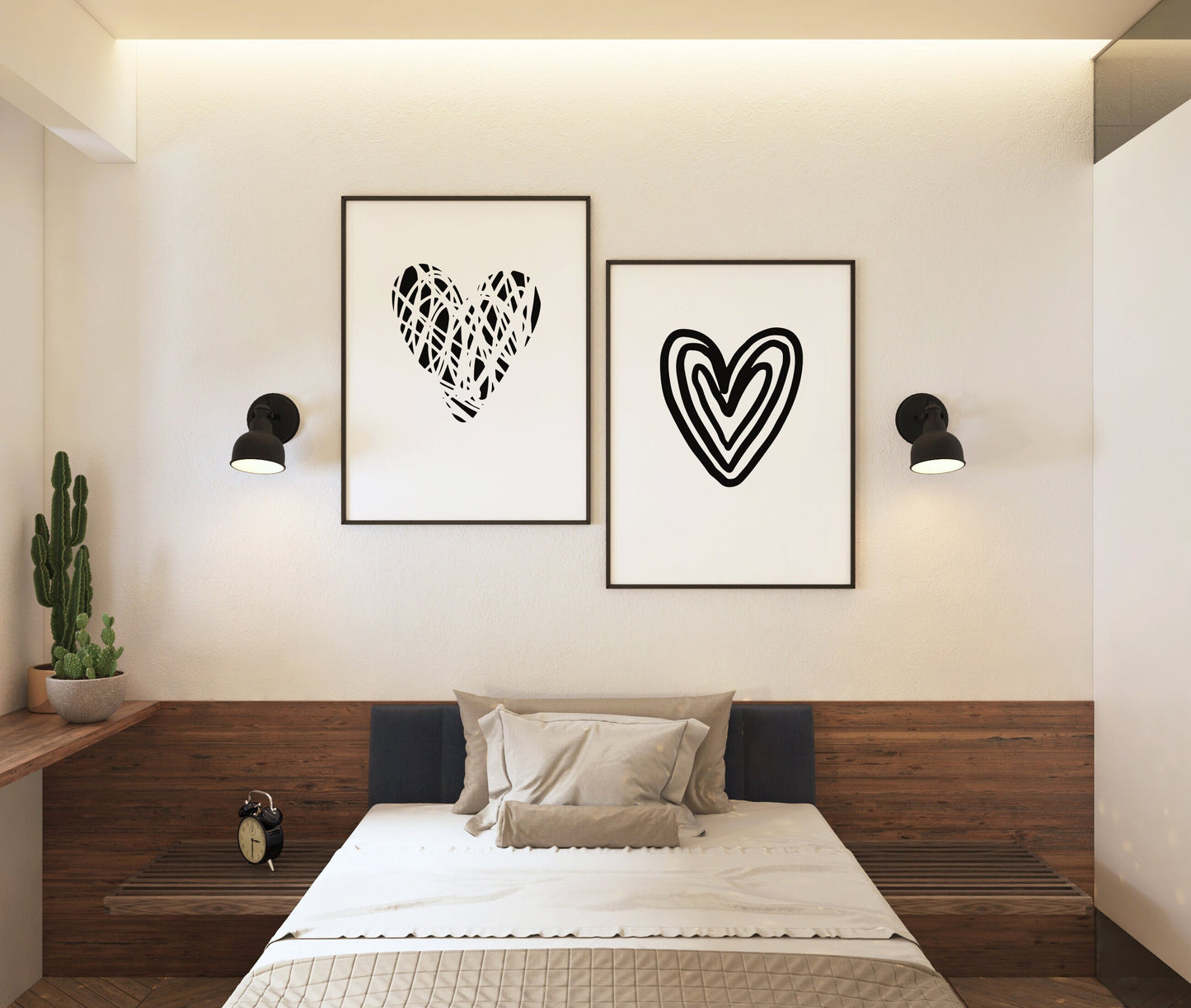 Set of 2 Black & White Love Heart Bedroom Prints
