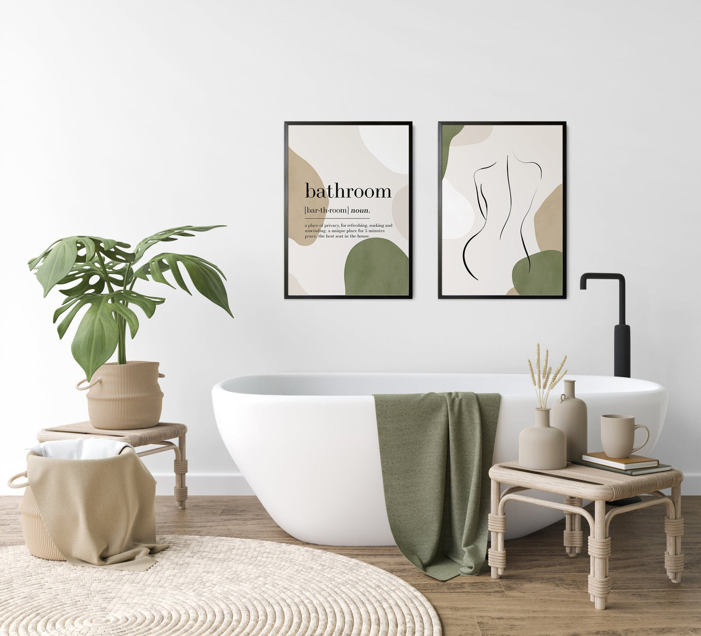 Set of 2 Olive Green Bathroom Wall Prints