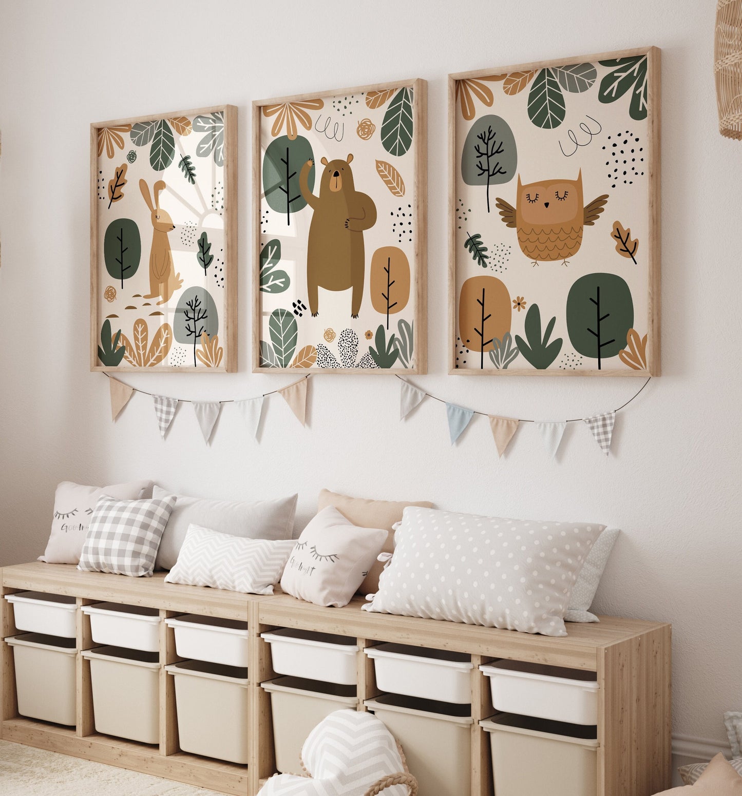 Set of 3 Green & Beige Woodland Nursery Wall Prints
